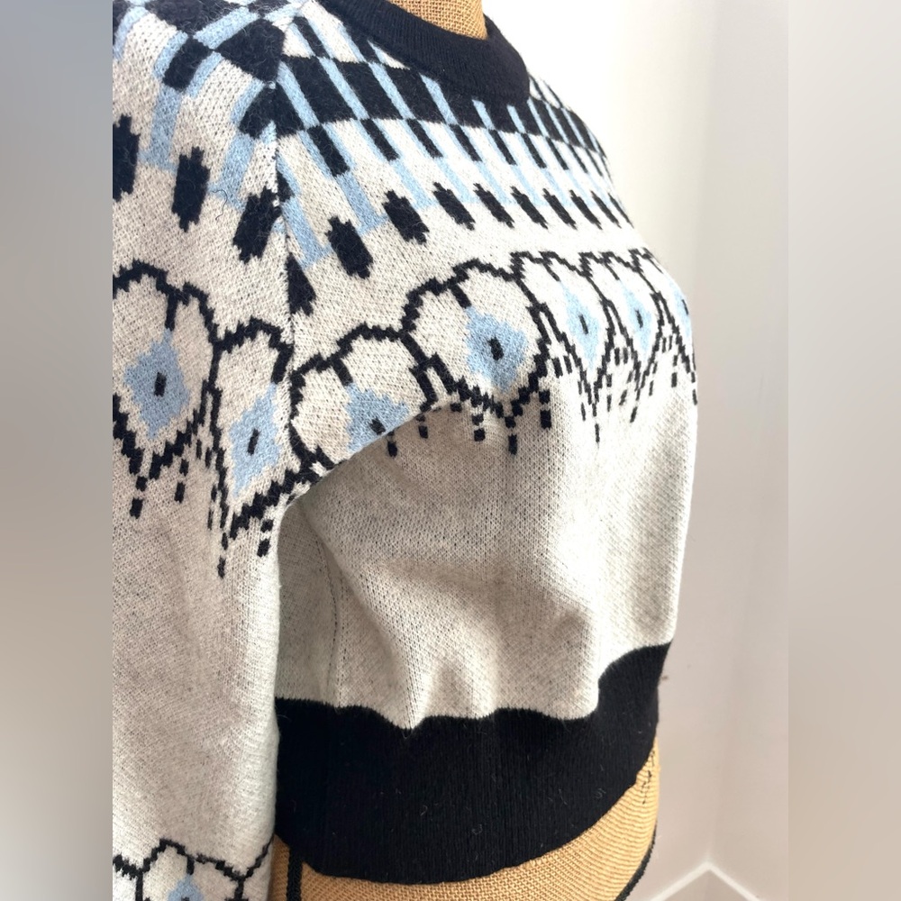 Fair Isle Scandi Pullover Sweater, Pretty Balloon Sleeve, Ivory Blue Black Heart - Picture 5 of 14